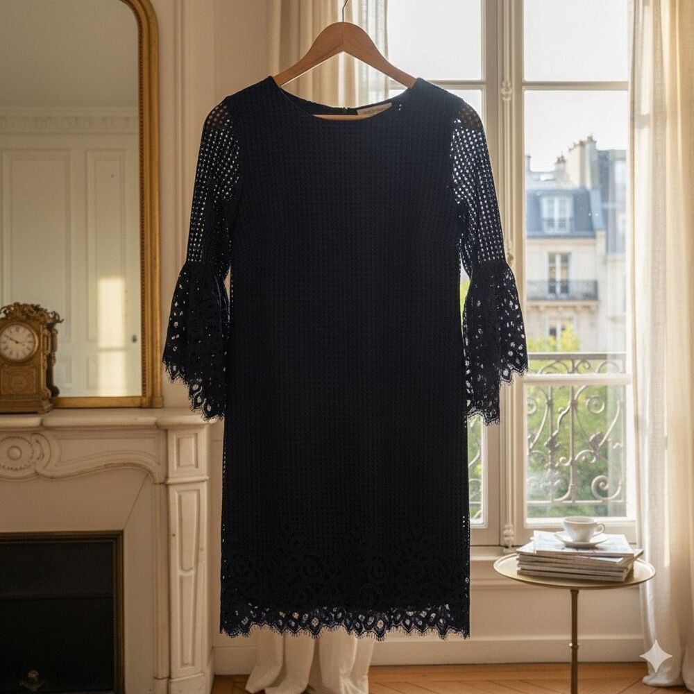 Jude Connally Danielle Dress Spring Lace Navy Blue 3/4 Scalloped Bell Sleeve XS